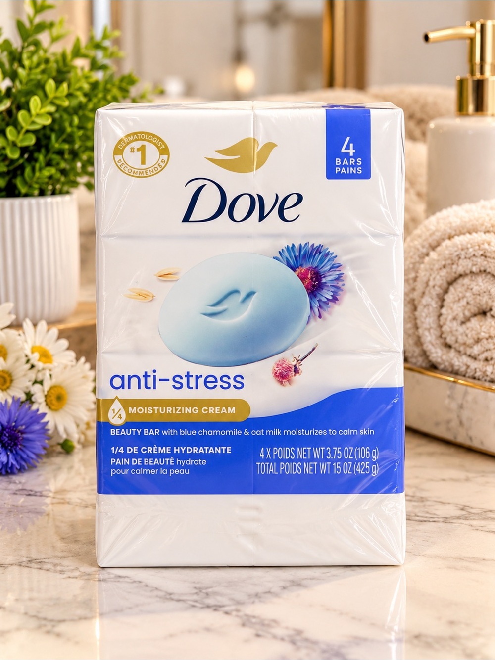 Dove Anti-Stress Moisturizing Cream Beauty Bars — Blue (4 Bars)